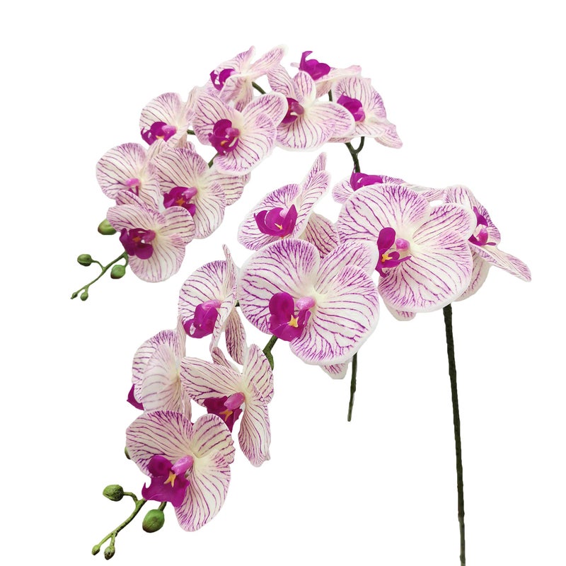 Fnize Faux Orchid Stems Artificial Flowers Phalaenopsis 38 Inch 2pcs Real Touch Latex 9 Large Petals Purple Pattern - Image 1
